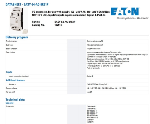 Carga de contato 100-240V AC/DC 4DI4RO Push-in Terminals EASY-E4-AC-8RE1P Fonte de alimentação DI/O