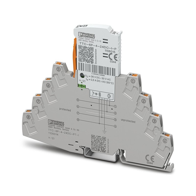 Protector contra ondas de contacto Phoenix de 24 V TTC-6P-4-24DC-PT-I com corrente nominal de descarga de 2,5
