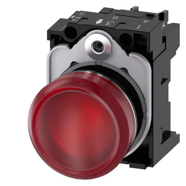 Lente lisa, vermelho, de metal, brilhante, iluminada, luz piloto 230V AC SIRIUS ACT Unidade completa